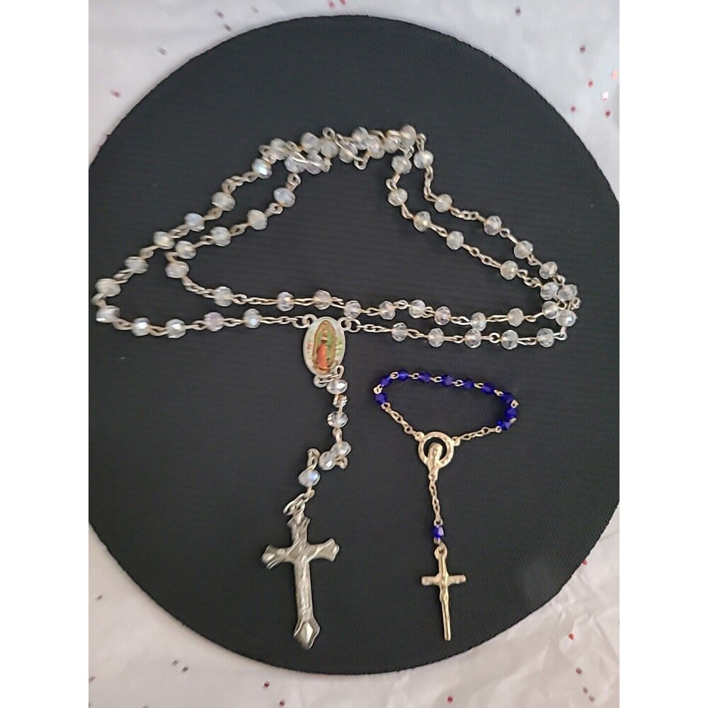 Vintage Italy MAR silver tone Rosary Mary with glass Beads W/ Mini Rosary